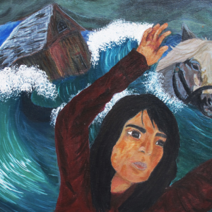 Self- Portrait, Girl, horse and a house in waves
